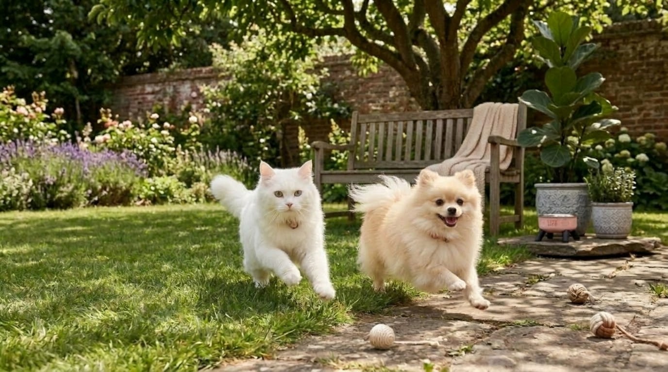 Cat and dog in the garden
