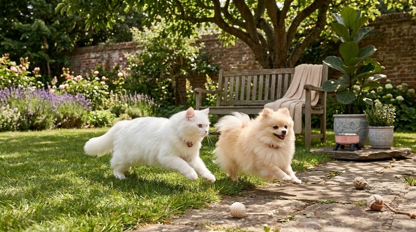 A cat and dog playing in a sunlit garden