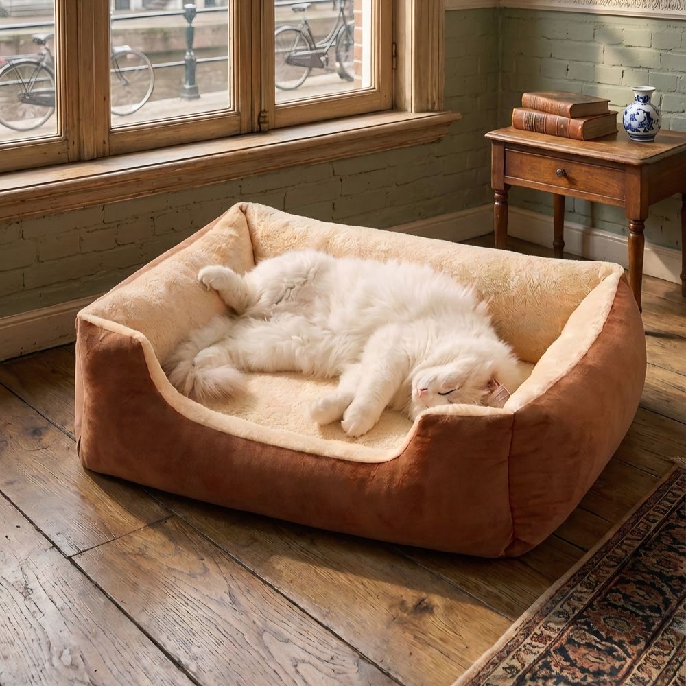 Mira & Milo — white cat sprawled in bed
